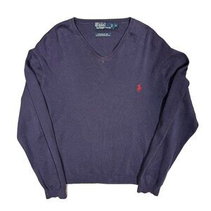 Vintage Polo Ralph Lauren Pima Cotton V-Neck Knit Sweater Blue XL